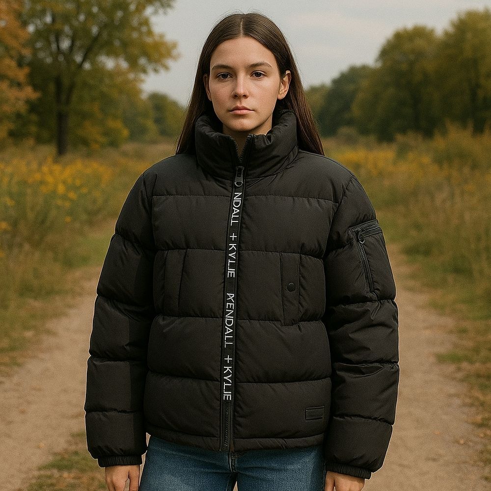 Kendall + Kylie Black Puffer Jacket L Missing Hood Logo Zip Coat Y2K Streetwear